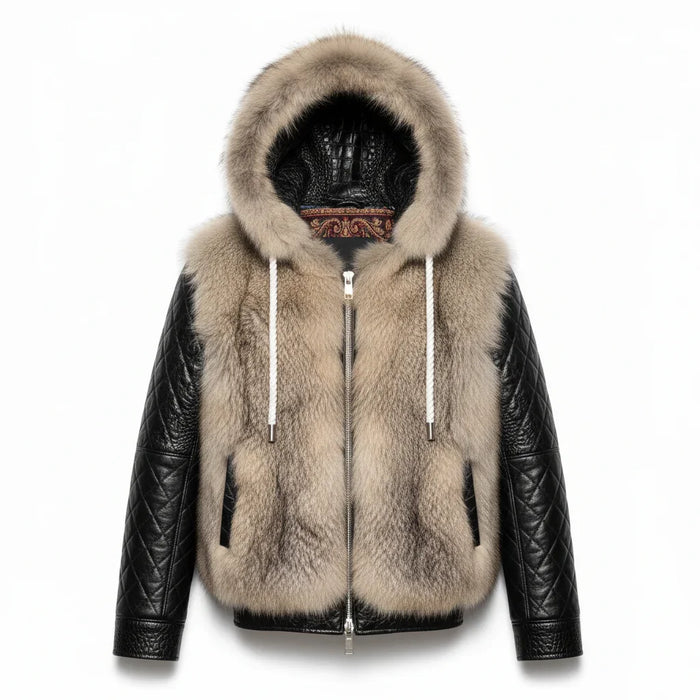 Black leather jacket with beige fur hood on a white background