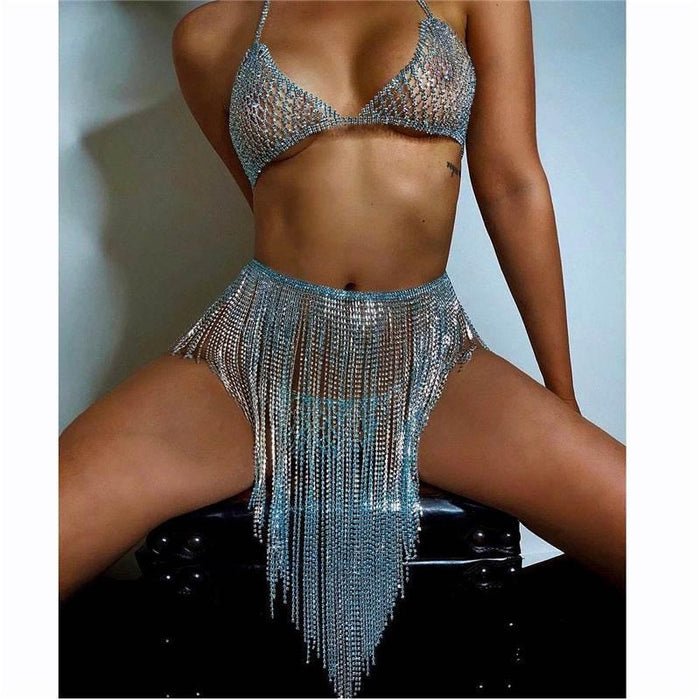 OP LADY Lake Blue Sexy Body Chain Suit Nightclub Bikini Bra Shorts Short Skirt Body Jewelry For Women - OPM Clothing