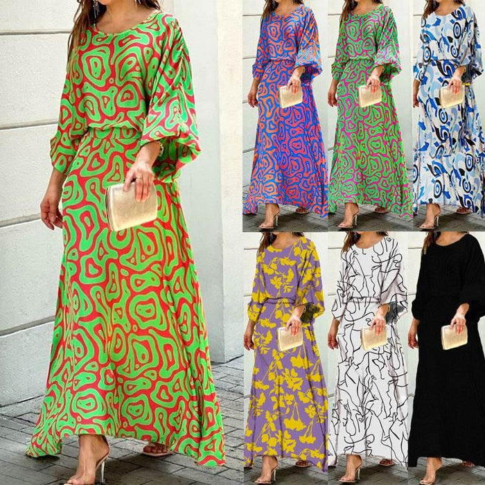 OPM Women's Summer New Loose Printed Long Sleeve Top High Waist Half Body Plus Size Long Skirt Suit - OPM Clothing
