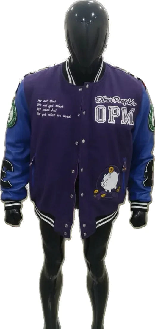 Varsity jacket with text and graphics on a mannequin against a white background