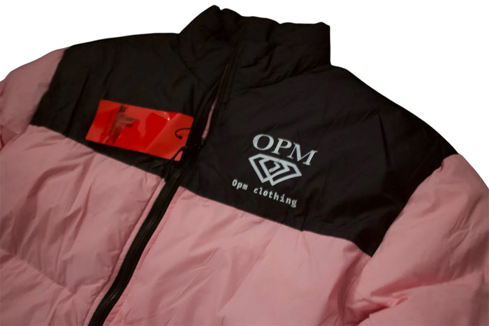 Pink puffer jacket with black and red accents featuring 'OPM' branding.