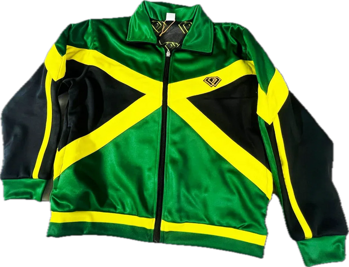Green, black, and yellow jacket with a flag design on a white background