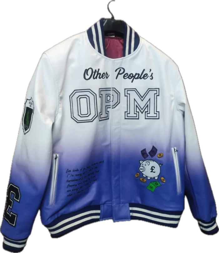 White and blue jacket with 'Other People's OPM' text on a white background