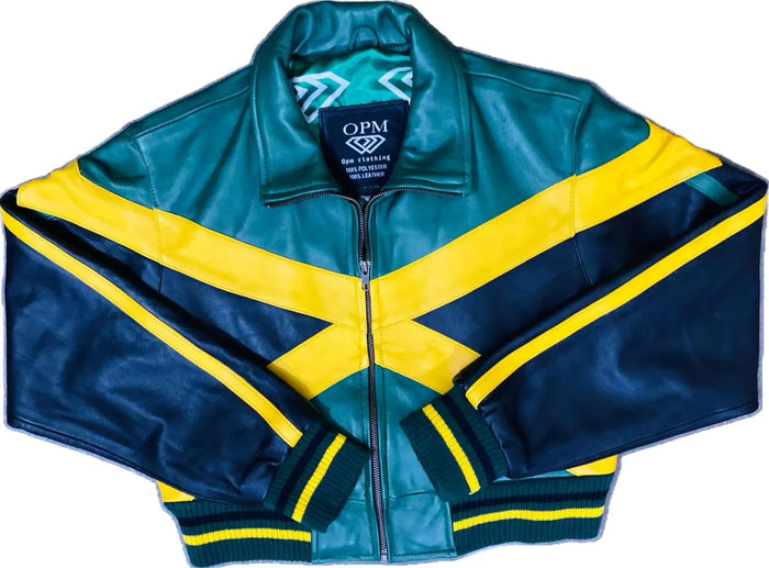 Teal and navy jacket with yellow accents on a white background