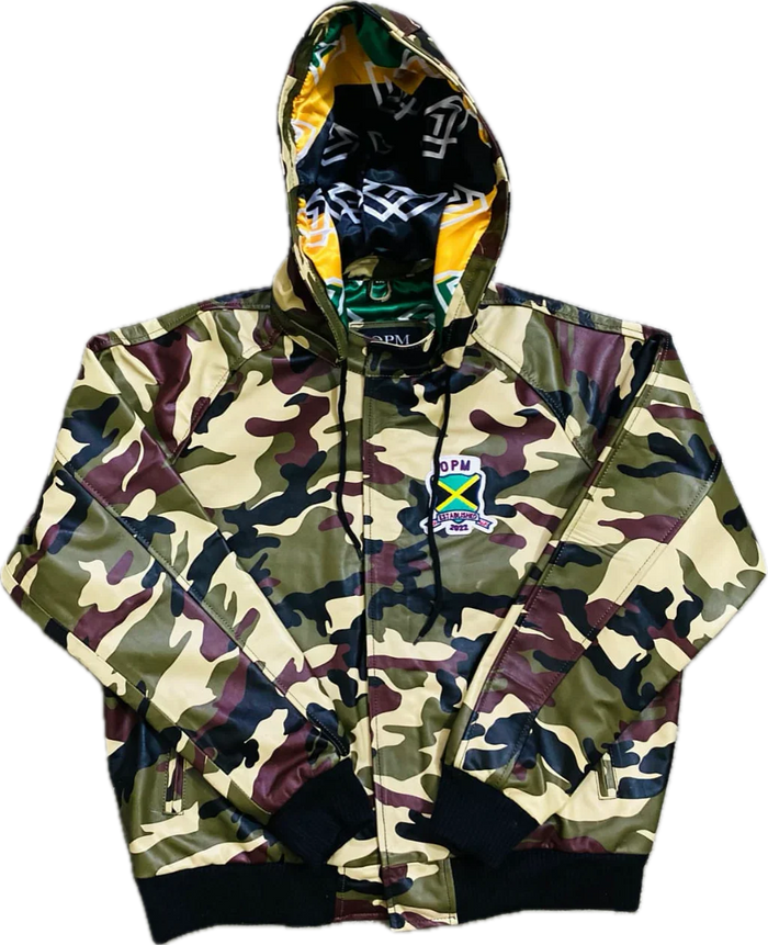 Camouflage hoodie with a brand logo on a white background