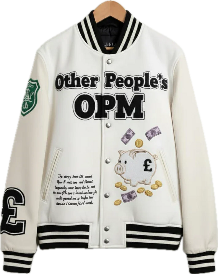 White varsity jacket with black text and graphics on a white background