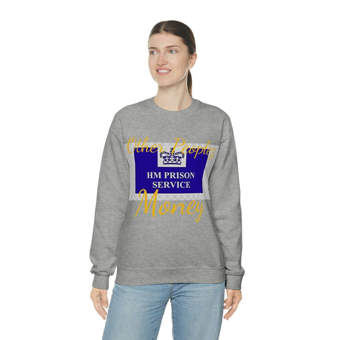 Woman wearing grey crewneck sweatshirt with HM Prison Service graphic and yellow script text.