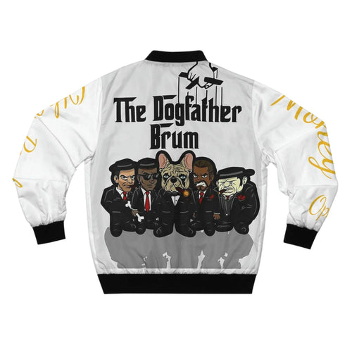 White men's bomber jacket with cartoon gangster dog and men, 'The Dogfather Brum' text on back.
