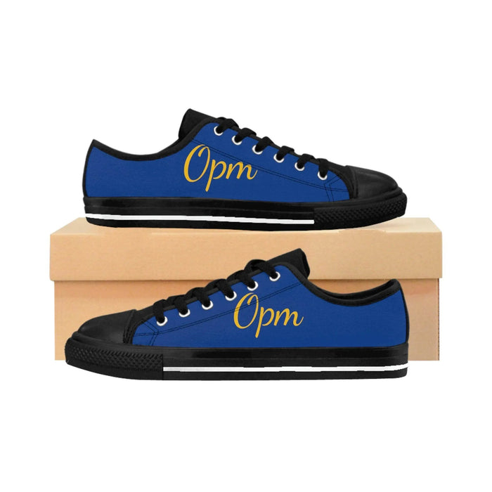 Men's blue low-top sneakers with black trim, yellow 'Opm' text, displayed on a box