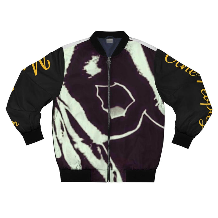 Black bomber jacket with bold abstract dog face graphic and yellow script on the sleeves