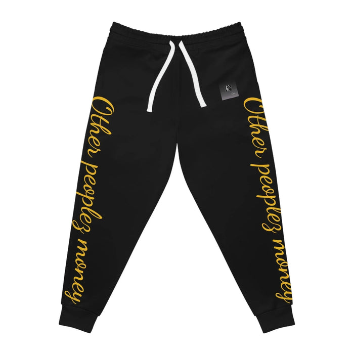 Black joggers with yellow 'Other peoples money' script on both legs, streetwear style