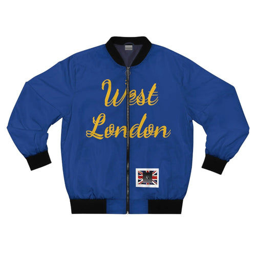 Blue bomber jacket with gold 'West London' text and UK flag patch on the front