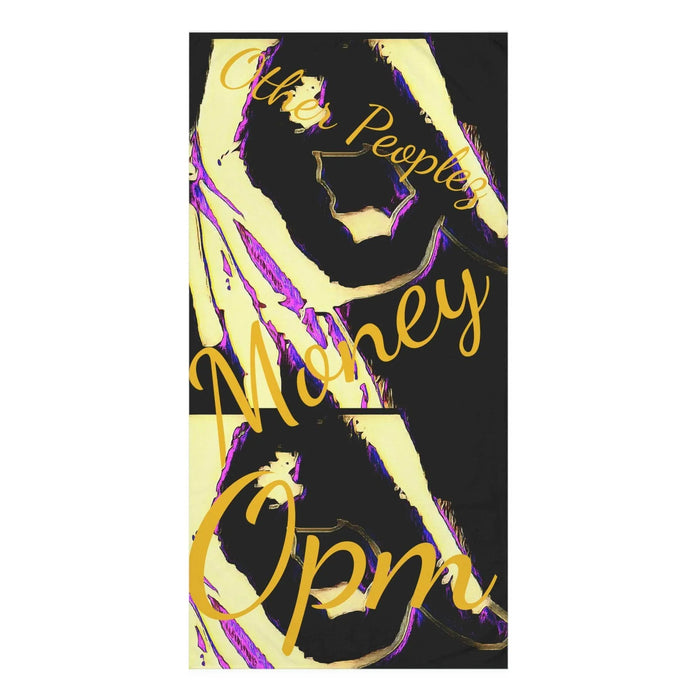 Black and yellow cotton towel with abstract pattern, gold script text reading 'Other Peoples Money Opm'.