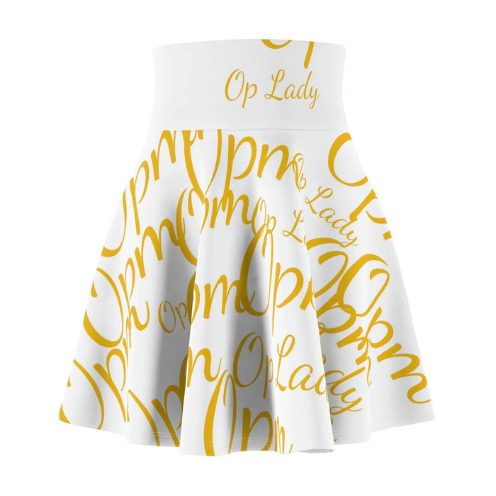 White women's skater skirt with yellow 'Op Lady' script, streetwear fashion style