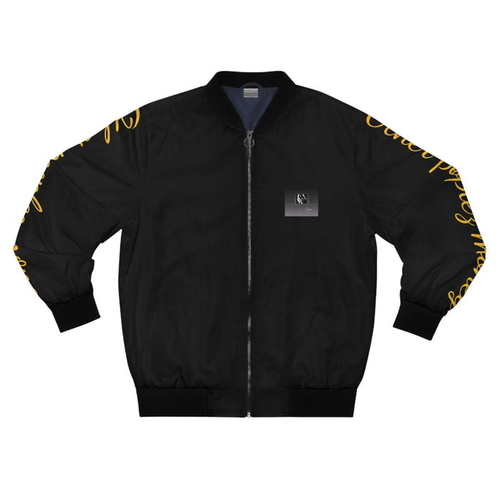 Black bomber jacket with yellow script on sleeves, front zipper, and small chest patch