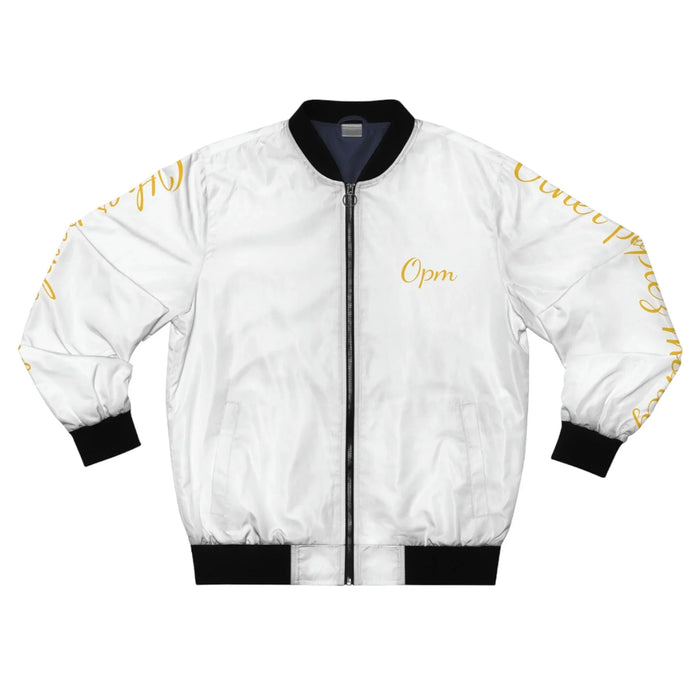 White bomber jacket with black trim, gold script accents, and Opm text on chest and sleeves