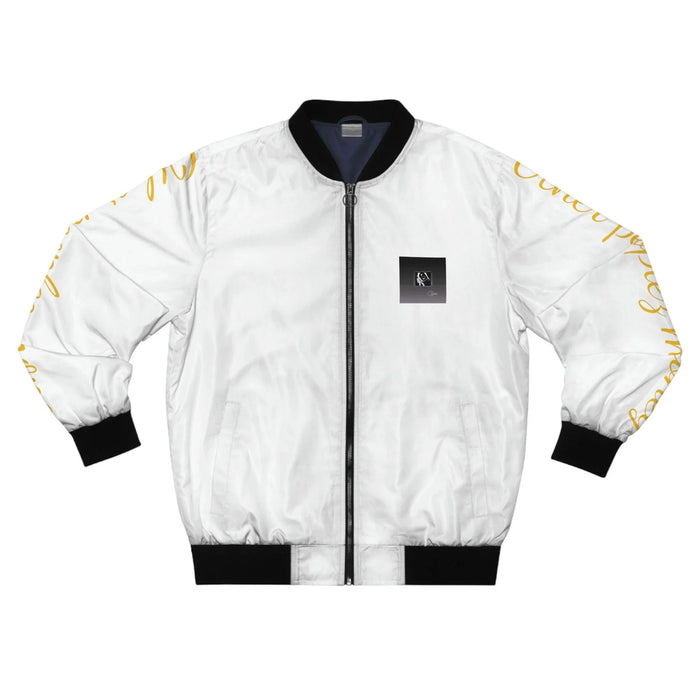 White bomber jacket with black collar and cuffs, gold script on sleeves, urban streetwear style