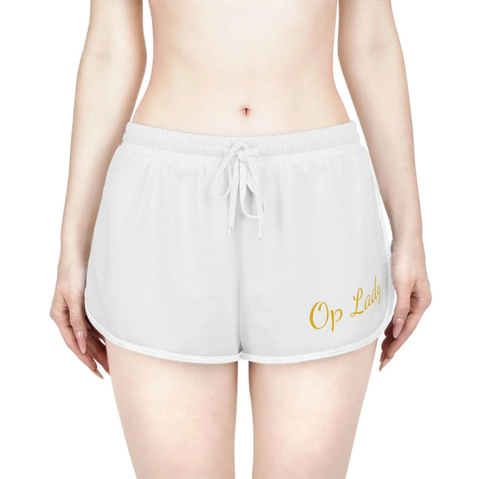 White women's relaxed shorts with drawstring and 'Op Lady' gold script on front