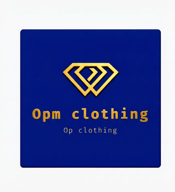 OPM Clothing Ltd brand logo featuring a gold 3D diamond emblem on a royal blue background; London-based luxury designer streetwear for men, women, and children.