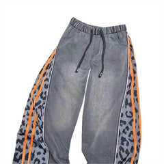 Personalized Leopard Print Splicing Washed And Old Jeans Women's Autumn Winter New Elastic Waist Loose Wide-leg Denim Pants - OPM Clothing