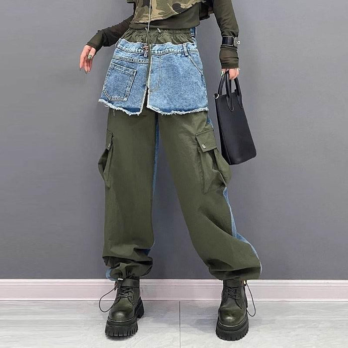 OP LADY European fashion brand contrasting color spliced jeans for women's spring and autumn, new loose design, niche western-style casu - OPM Clothing