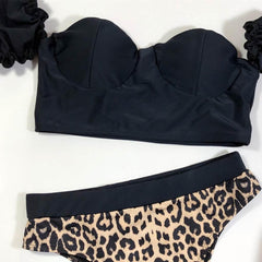 OP LADY Swimwear Women Leopard Print Splice Bikini Push-Up Pad Swimwear Black Sexy Swimsuit Beachwear Bikinis Set Body Suit High Waist - OPM Clothing