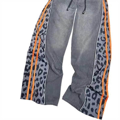 Personalized Leopard Print Splicing Washed And Old Jeans Women's Autumn Winter New Elastic Waist Loose Wide-leg Denim Pants - OPM Clothing