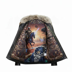 Jacket with a horse and rider design and a watch on a white background