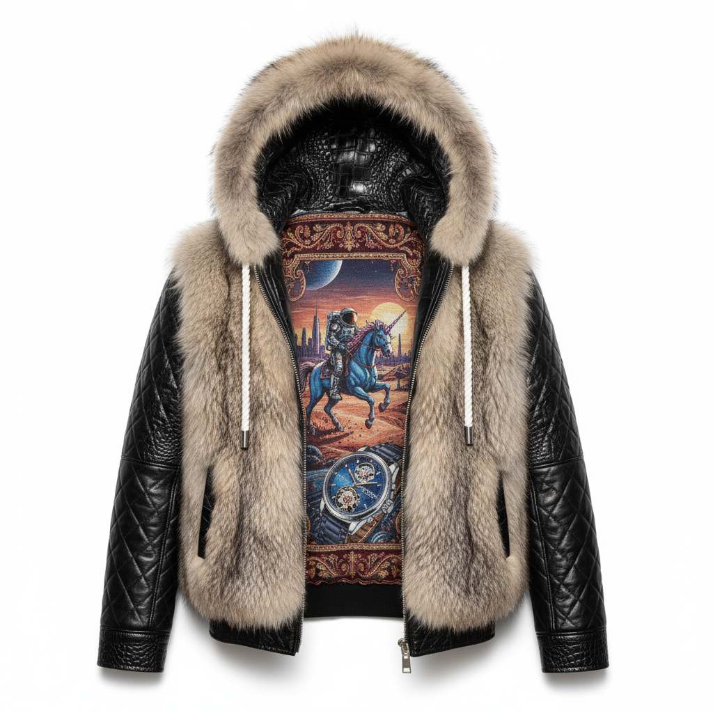 Black leather jacket with beige fur hood on a white background