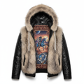 Black leather jacket with fur hood and artistic design on a white background
