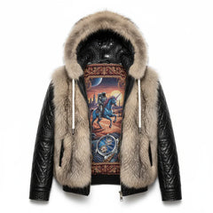 Black leather jacket with fur hood and artistic design on a white background