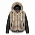Black leather jacket with beige fur hood on a white background