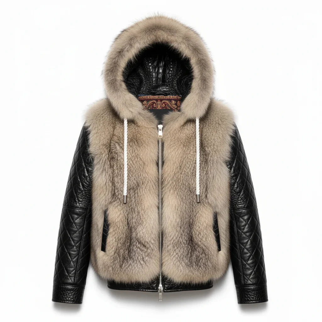 Black leather jacket with beige fur hood on a white background