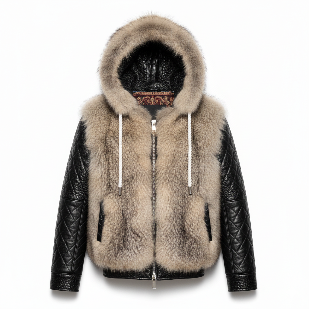 Black leather jacket with beige fur hood on a white background