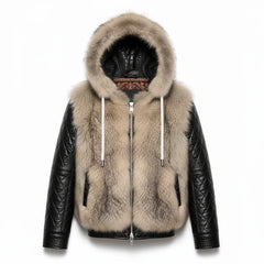 Black leather jacket with beige fur hood on a white background