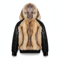 Fur jacket with a patterned hood on a white background