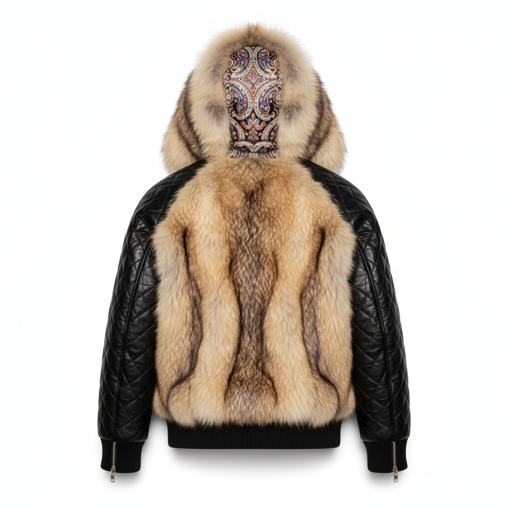 Fur jacket with a patterned hood on a white background
