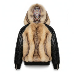 Fur jacket with a patterned hood on a white background