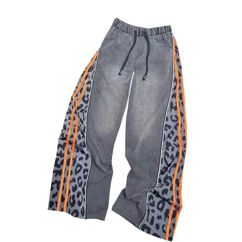Personalized Leopard Print Splicing Washed And Old Jeans Women's Autumn Winter New Elastic Waist Loose Wide-leg Denim Pants - OPM Clothing