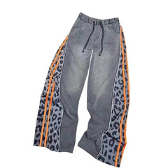 Personalized Leopard Print Splicing Washed And Old Jeans Women's Autumn Winter New Elastic Waist Loose Wide-leg Denim Pants - OPM Clothing