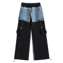 OP LADY European fashion brand contrasting color spliced jeans for women's spring and autumn, new loose design, niche western-style casu - OPM Clothing