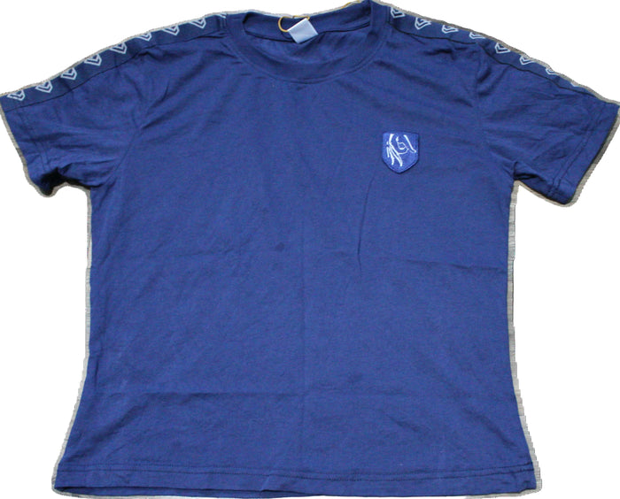 Blue t-shirt with a logo on a white background