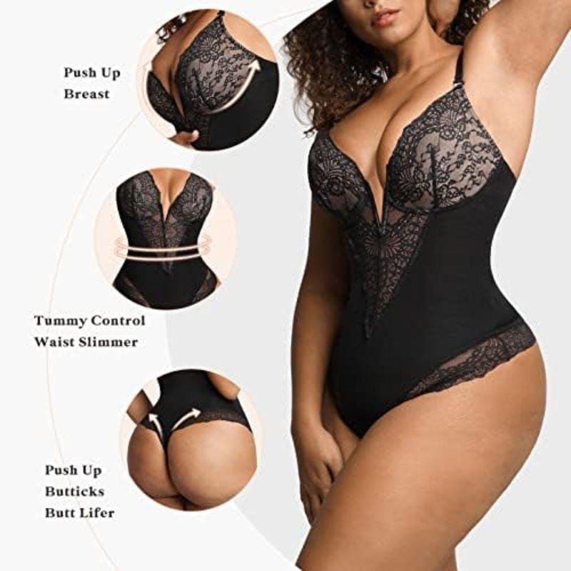 OP LADY Lace Shapewear Bodysuit Women Tummy Control Backless Tank Tops V Neck Body Suit Thongs