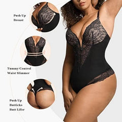 OP LADY Lace Shapewear Bodysuit Women Tummy Control Backless Tank Tops V Neck Body Suit Thongs - OPM Clothing