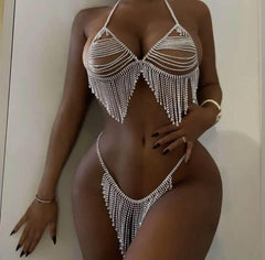 OP LADY Rhinestone tassel bikini bra chain exaggerated full diamond suit body chain, beach shiny jewelry chain - OPM Clothing