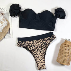 OP LADY Swimwear Women Leopard Print Splice Bikini Push-Up Pad Swimwear Black Sexy Swimsuit Beachwear Bikinis Set Body Suit High Waist - OPM Clothing