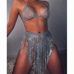 OP LADY Lake Blue Sexy Body Chain Suit Nightclub Bikini Bra Shorts Short Skirt Body Jewelry For Women - OPM Clothing