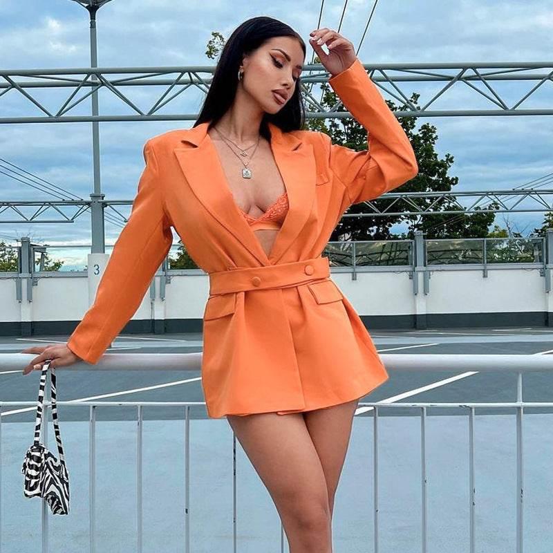 OP LADY Autumn New Niche Design Deep V Shoulder Pad Sexy Belt Shape Body Suit - OPM Clothing