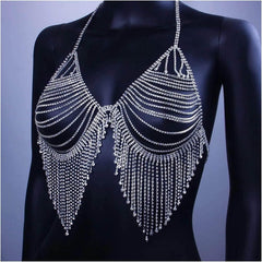 OP LADY Rhinestone tassel bikini bra chain exaggerated full diamond suit body chain, beach shiny jewelry chain - OPM Clothing