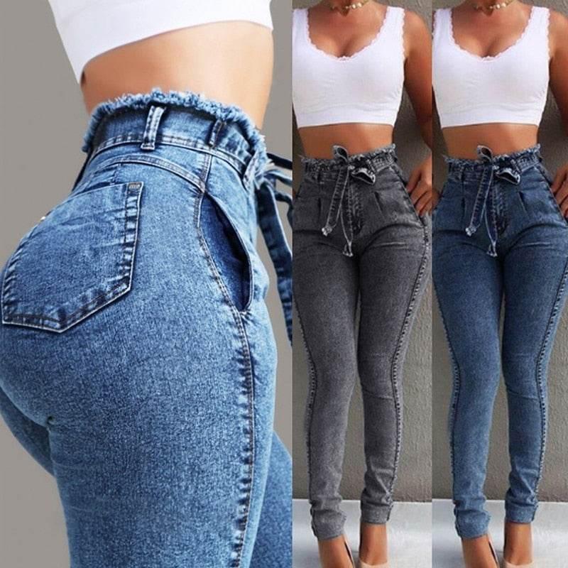 OP LADY High Waist Jeans Women Streetwear Bandage Denim Plus Size Jeans Femme Pencil Pants Skinny Jeans - OPM Clothing